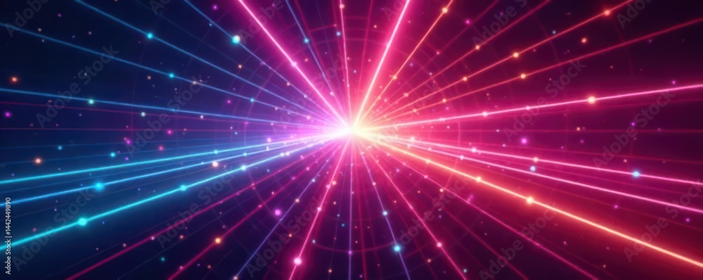 Obraz premium Vibrant spectrum of light beams diverging from center, shimmer, shine, physics