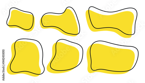 Organic shape text frames. Vector set of abstract yellow speech bubbles. Wavy rectangular, square textboxes.