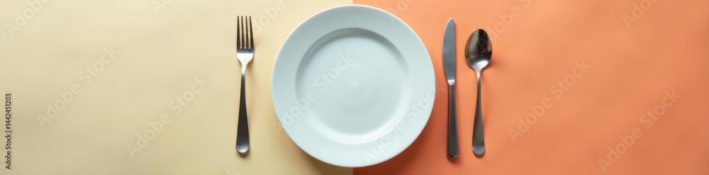 Flat lay of fork, knife, spoon, and plate Simple tableware set , flat, illustration Flat lay of fork, knife, spoon, and plate Simple tableware set , flat, illustration