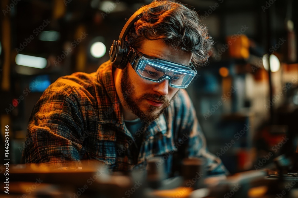 Futuristic garage scene featuring a technician using wearable AR technology and headphones to boost repair efficiency and operational accuracy.