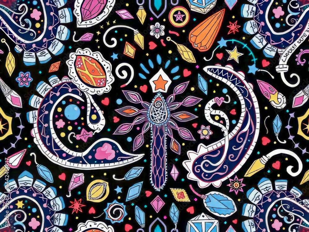 A colorful and intricate design with many different shapes and colors. The design is full of various shapes and colors, including circles, squares, and triangles. Scene is vibrant and lively