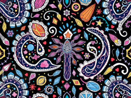 Obraz na płótnie A colorful and intricate design with many different shapes and colors. The design is full of various shapes and colors, including circles, squares, and triangles. Scene is vibrant and lively w salonie