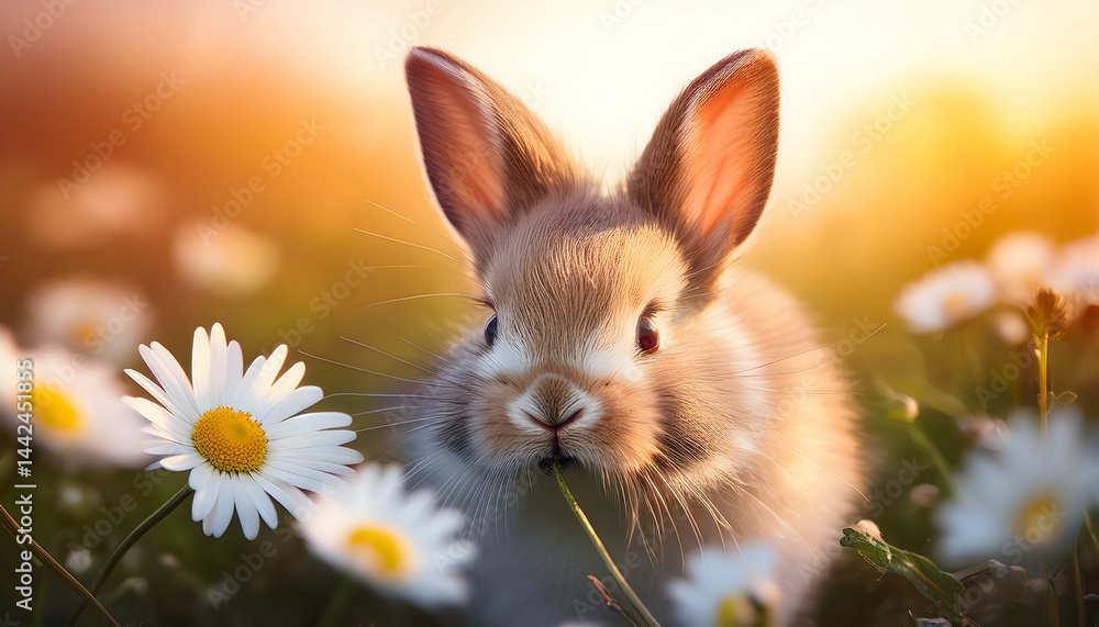 Fototapeta premium Bunny in Daisy Meadow: A cute bunny rabbit nibbles on a stem amidst a field of blooming daisies, bathed in the warm glow of the setting sun. The scene is idyllic and peaceful.