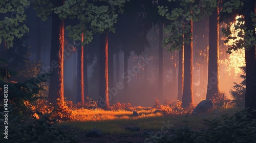 Fototapeta Naklejka Na Ścianę i Meble -  Serene sunset in a misty forest with tall trees and golden light sky red art calm dark woods green