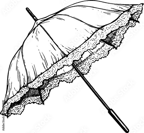 This artwork showcases a finely detailed vintage woodcut illustration of a lace parasol, emphasizing its delicate craftsmanship and historical charm.