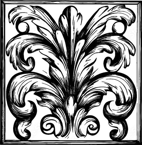 This vintage woodcut showcases an elaborate decorative floral design characterized by swirling leaves and ornate shapes, reflecting craftsmanship from a bygone era.