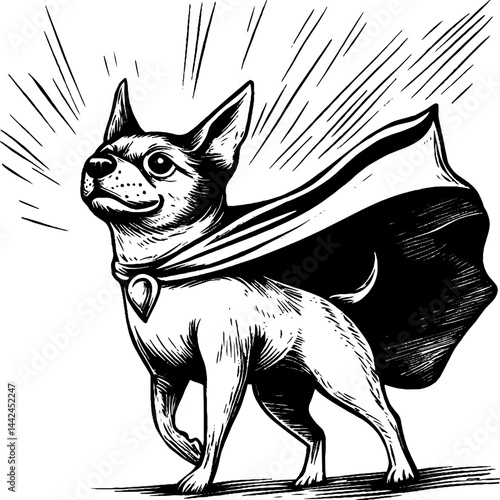 A vintage woodcut illustration captures a dog donned in a superhero cape, standing tall and confident.