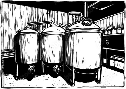 Three fermentation vessels are prominently displayed in a rustic workshop.