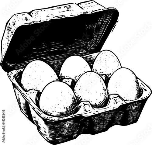 This artwork showcases a vintage woodcut of a carton holding fresh eggs, providing a glimpse into early food storage practices.