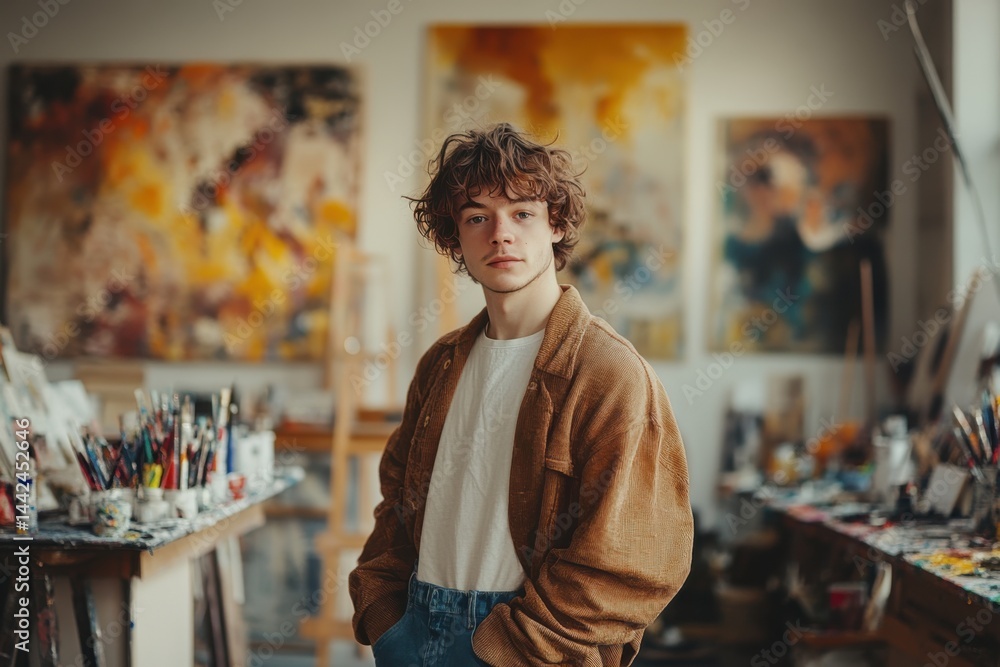 Young Contemporary Artist Standing in Creative Studio Surrounded by Abstract Paintings