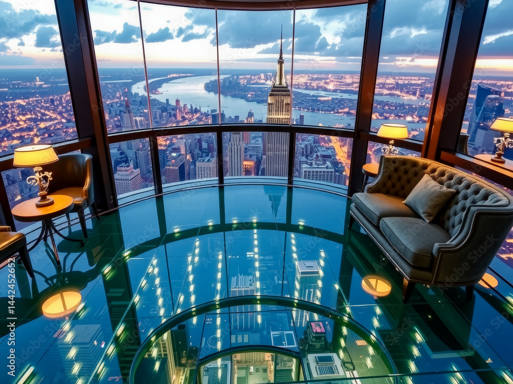 A glass floor with a couch and two chairs in the middle. The floor is reflecting the city below