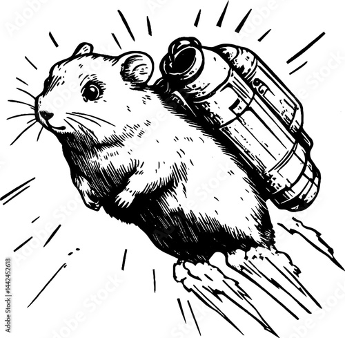 An artful depiction shows a hamster in mid-flight, outfitted with a rocket backpack.