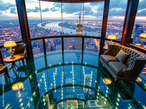 Obraz na płótnie A glass floor with a couch and two chairs in the middle. The floor is reflecting the city below w salonie
