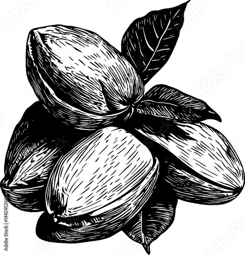 This detailed vintage woodcut illustration captures a handful of almonds nestled among lush green leaves.