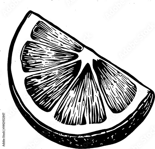 This vintage woodcut features a striking lemon wedge, beautifully carved to highlight its segments and texture.