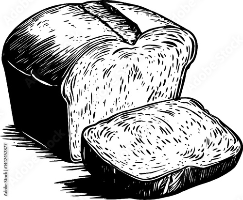 This vintage woodcut illustration depicts a freshly baked loaf of bread with a slice cut out.
