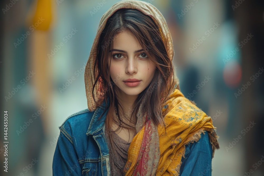 Portrait of Young Woman Wearing Traditional Scarf and Denim Jacket on Urban Street, Cultural and Fashion Concept