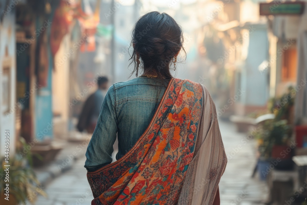 Woman in Denim Jacket and Traditional Sari Walking Through Historic Urban Street, Cultural Travel Concept
