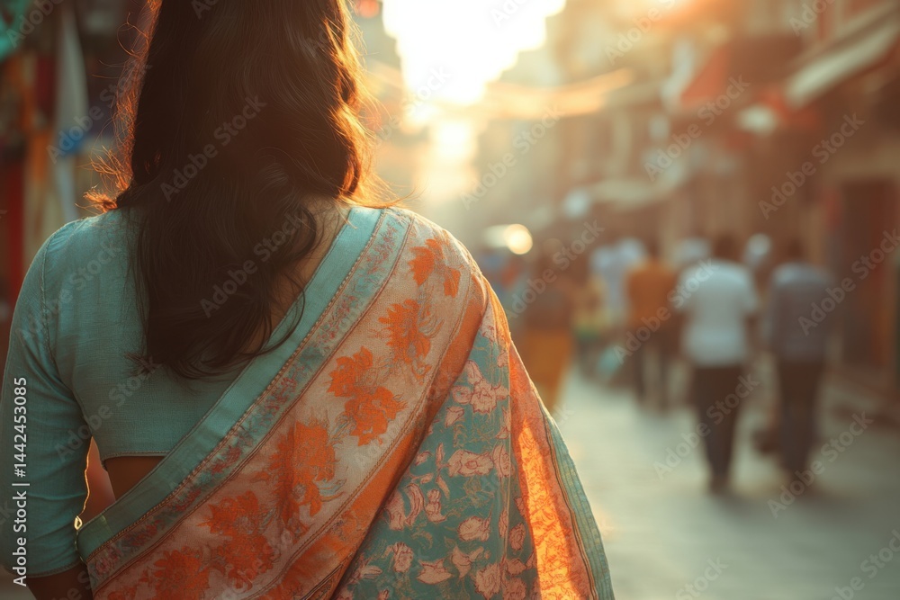 Woman in Traditional Sari Walking Through Bustling Street at Sunset, Cultural Travel and Fashion Concept