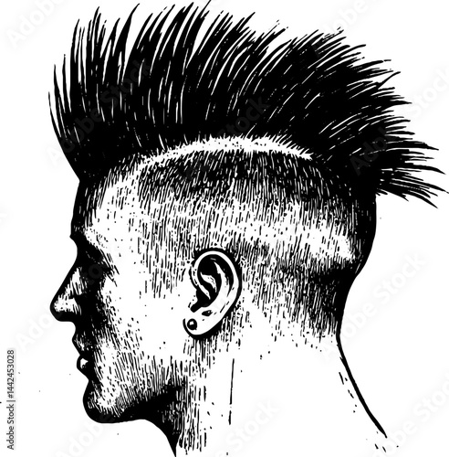 This woodcut illustration details a mohawk haircut, highlighting its spiky top and shaved sides.