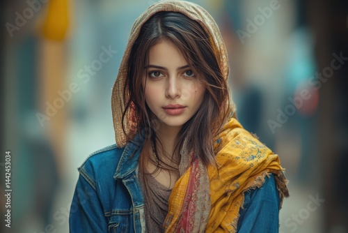 Obraz na płótnie Portrait of Young Woman Wearing Traditional Scarf and Denim Jacket on Urban Street, Cultural and Fashion Concept w salonie