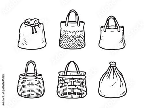 Harvest Bag Full of Fresh Produce Line Art Vector