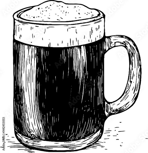 Classic woodcut artwork features a detailed mug filled with dark beer.