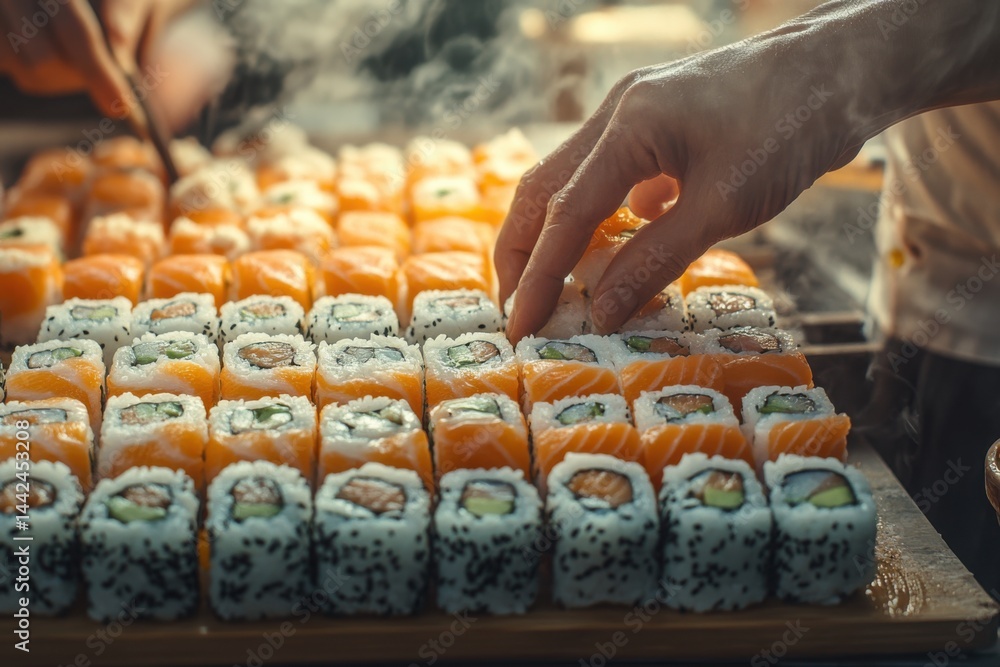 Chef Preparing Assorted Fresh Sushi Rolls at Traditional Japanese Restaurant