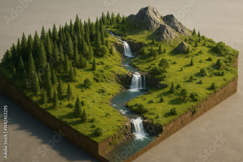 Isometric 3D map slice with mountains, pine forest, and cascading waterfalls forming a scenic natural landscape.