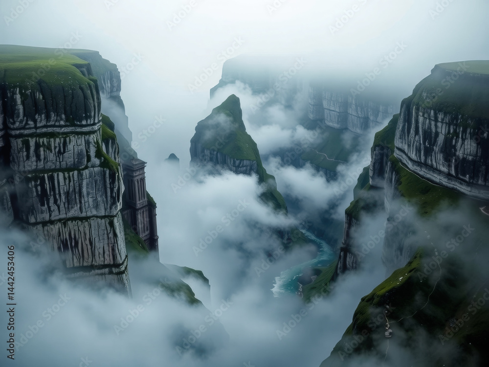 A mountain range with a river running through it and a thick fog. The fog is so thick that it obscures the view of the river. The mountains are covered in moss and the rocks are jagged and rough