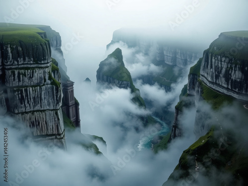 Obraz na płótnie A mountain range with a river running through it and a thick fog. The fog is so thick that it obscures the view of the river. The mountains are covered in moss and the rocks are jagged and rough w salonie