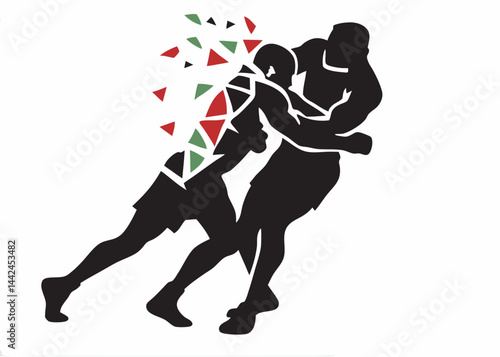 The intense grapple of two wrestlers, a dynamic clash of strength and skill, depicted in bold silhouettes with an explosion of vibrant geometric shapes.