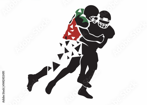 A fierce tackle shatters the opposing player's momentum in a dynamic, stylized football graphic featuring bold silhouettes and a fragmented design.