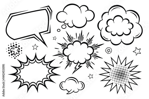 Vector set of simple comic speech bubbles, cartoon explosion, or spark icons isolated on a white background