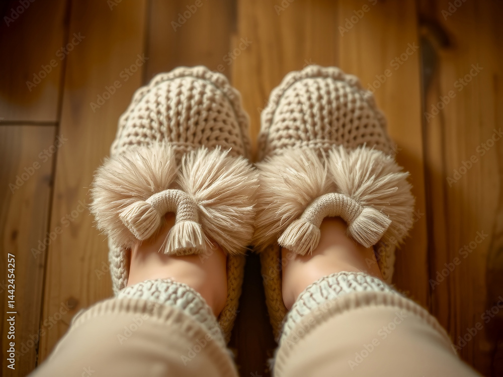 A person is wearing a pair of fuzzy slippers with a bow on the toe. The slippers are white and have a fuzzy texture