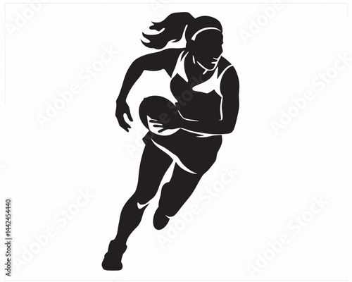 A determined netball player in dynamic motion, fiercely gripping the ball, showcasing power and athleticism in a bold black silhouette.