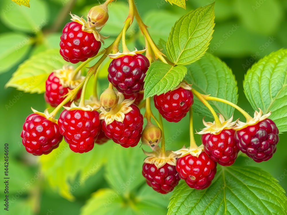 A bunch of red raspberries hanging from a tree. The berries are ripe and ready to be picked