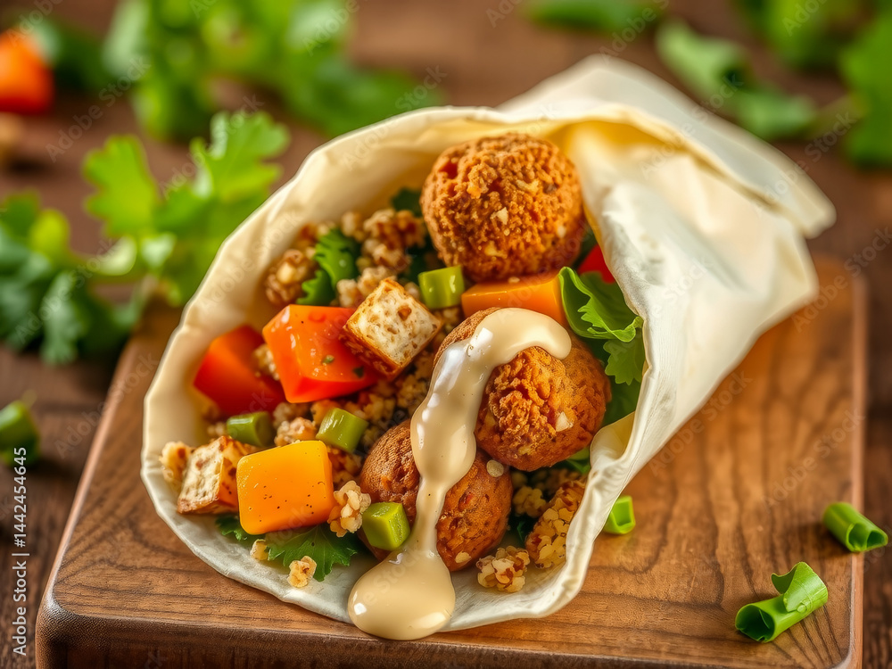A wrap filled with meatballs and vegetables is covered in a creamy sauce. The wrap is sitting on a wooden table