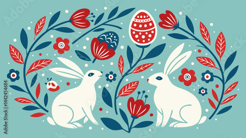 Two gentle white rabbits nestled amidst a vibrant spring floral arrangement celebrating Easter, featuring a folk art style with bold red and blue hues on a soft teal background.