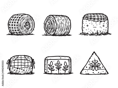 hay bales wrapped in protective film line art illustration 