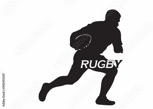 A powerful rugby player in full stride, fiercely protecting the ball, a dynamic silhouette against a clean white background.