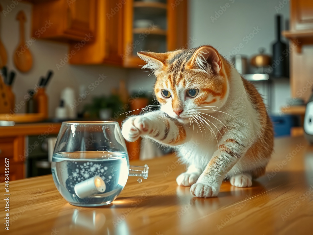 A cat is playing with a toy in a fishbowl. The cat is looking at the toy with curiosity and seems to be enjoying itself. The scene is playful and lighthearted, with the cat's playful nature