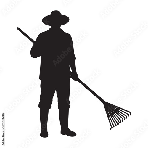 Gardener raking leaves in autumn yard work vector silhouette illustration