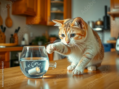 A cat is playing with a toy in a fishbowl. The cat is looking at the toy with curiosity and seems to be enjoying itself. The scene is playful and lighthearted, with the cat's playful nature