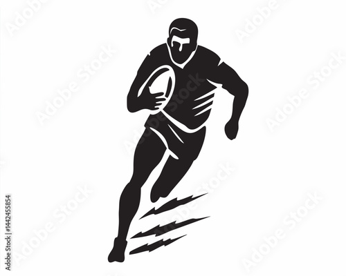 A determined rugby player sprints towards victory, a powerful silhouette against a stark white background, capturing the raw energy and intensity of the game.