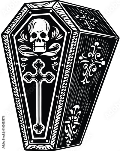 wooden coffin featuring a cross design on the lid, symbolizing death and funerals sketch engraving generative ai raster illustration. Scratch board imitation. Black and white image