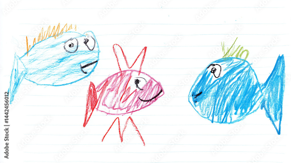 kind, zeichnung, gemalt, blatt, papier, fisch, buntstfite, aqurell, drawing, zeichnung, fische, unterwasser, 4yeras, old, baby, kindergarten, kita, kinderzeichnung, zeichnung, wasser, pool, meer, somm