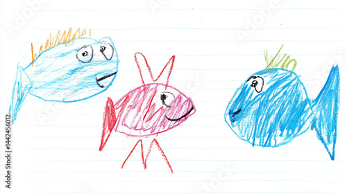 Obraz na płótnie kind, zeichnung, gemalt, blatt, papier, fisch, buntstfite, aqurell, drawing, zeichnung, fische, unterwasser, 4yeras, old, baby, kindergarten, kita, kinderzeichnung, zeichnung, wasser, pool, meer, somm w salonie