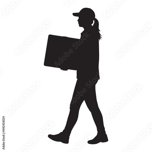 Delivery service worker carrying heavy box during parcel drop silhouette vector