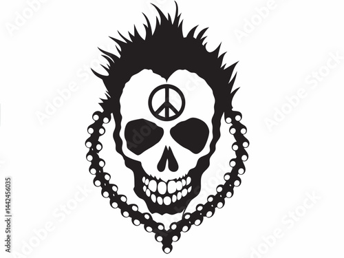A rebellious skull, adorned with a peace symbol and beaded necklace, embodies a unique blend of peace and punk rock attitude in a stark black and white silhouette.